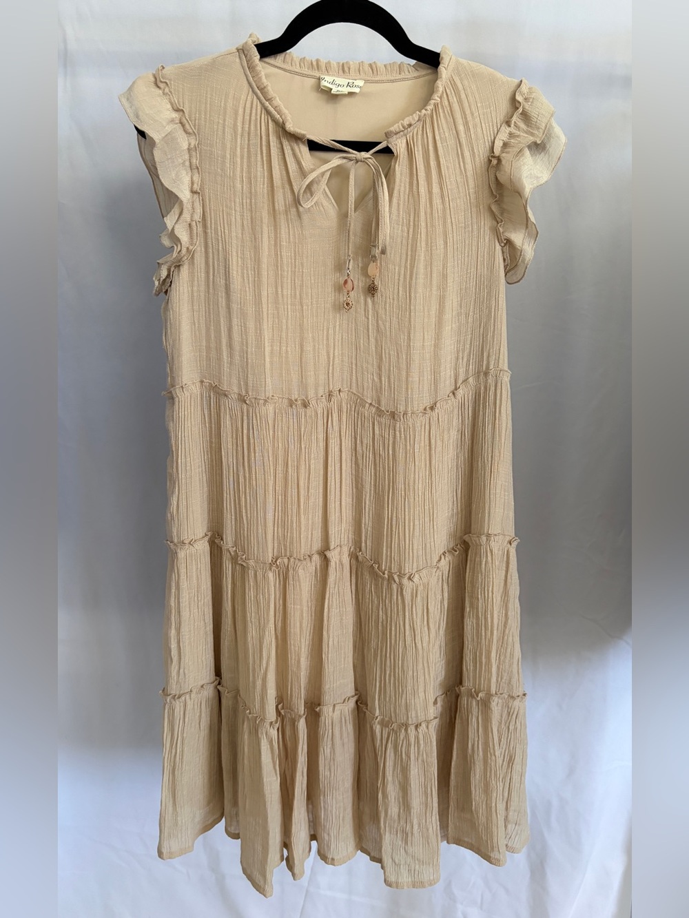 Beige Tiered Cotton Dress with Ruffle Sleeves